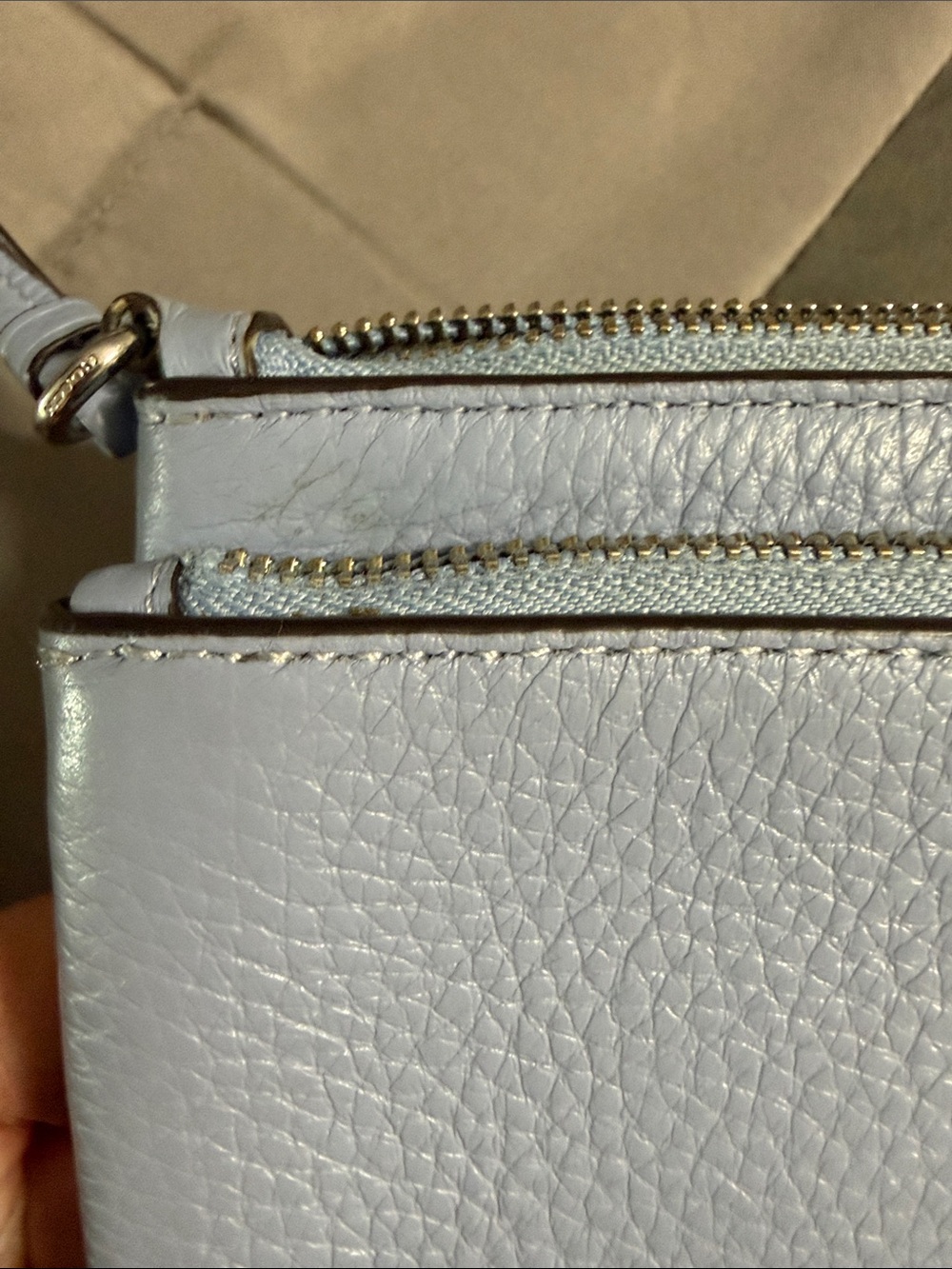 COACH Light Blue Pebbled Leather Wristlet Clutch with Gold Logo - Picture 2 of 8